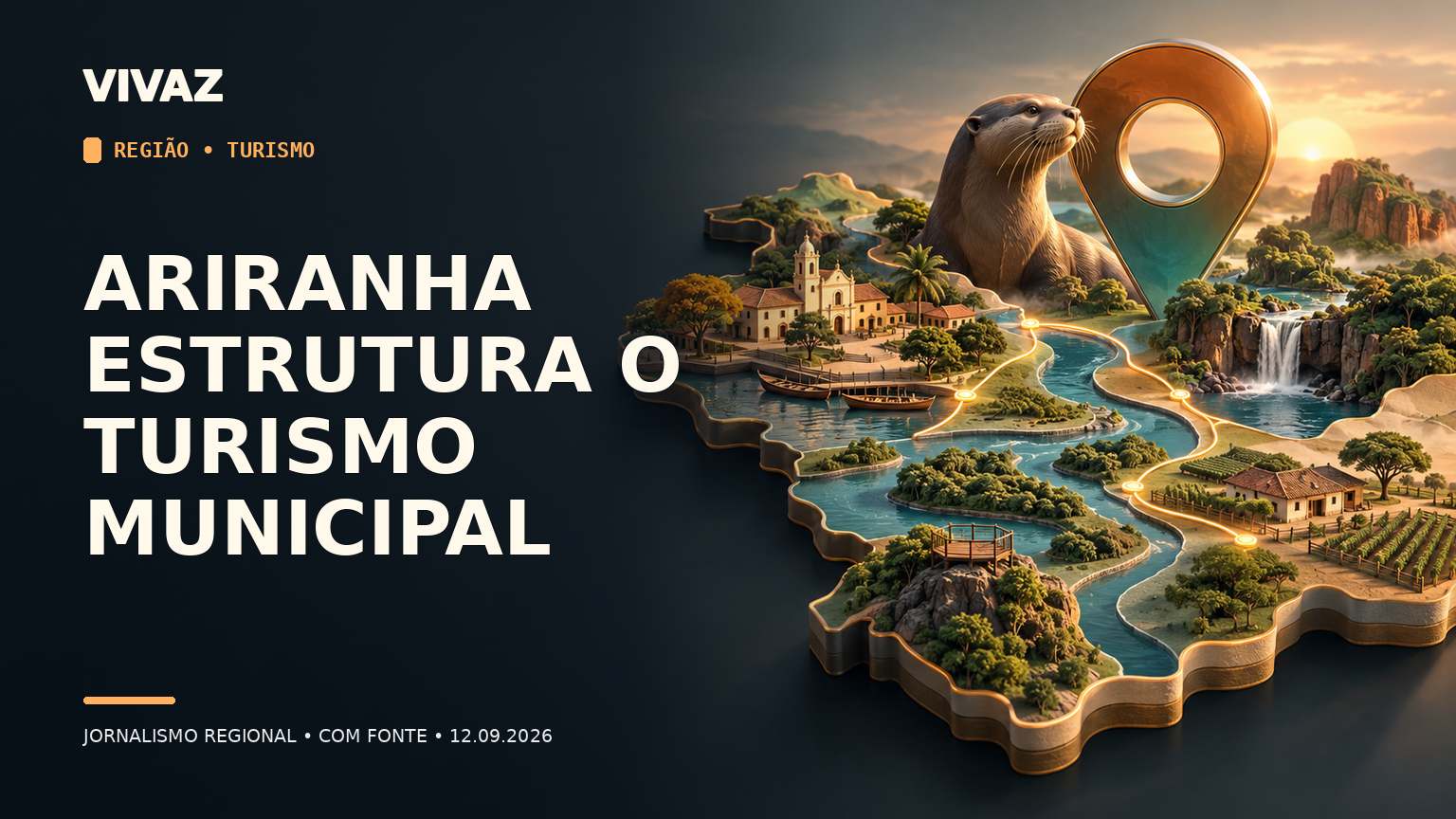 Capa editorial 3D da Vivaz sobre: Ariranha articula estratégias regionais para estruturar o turismo municipal