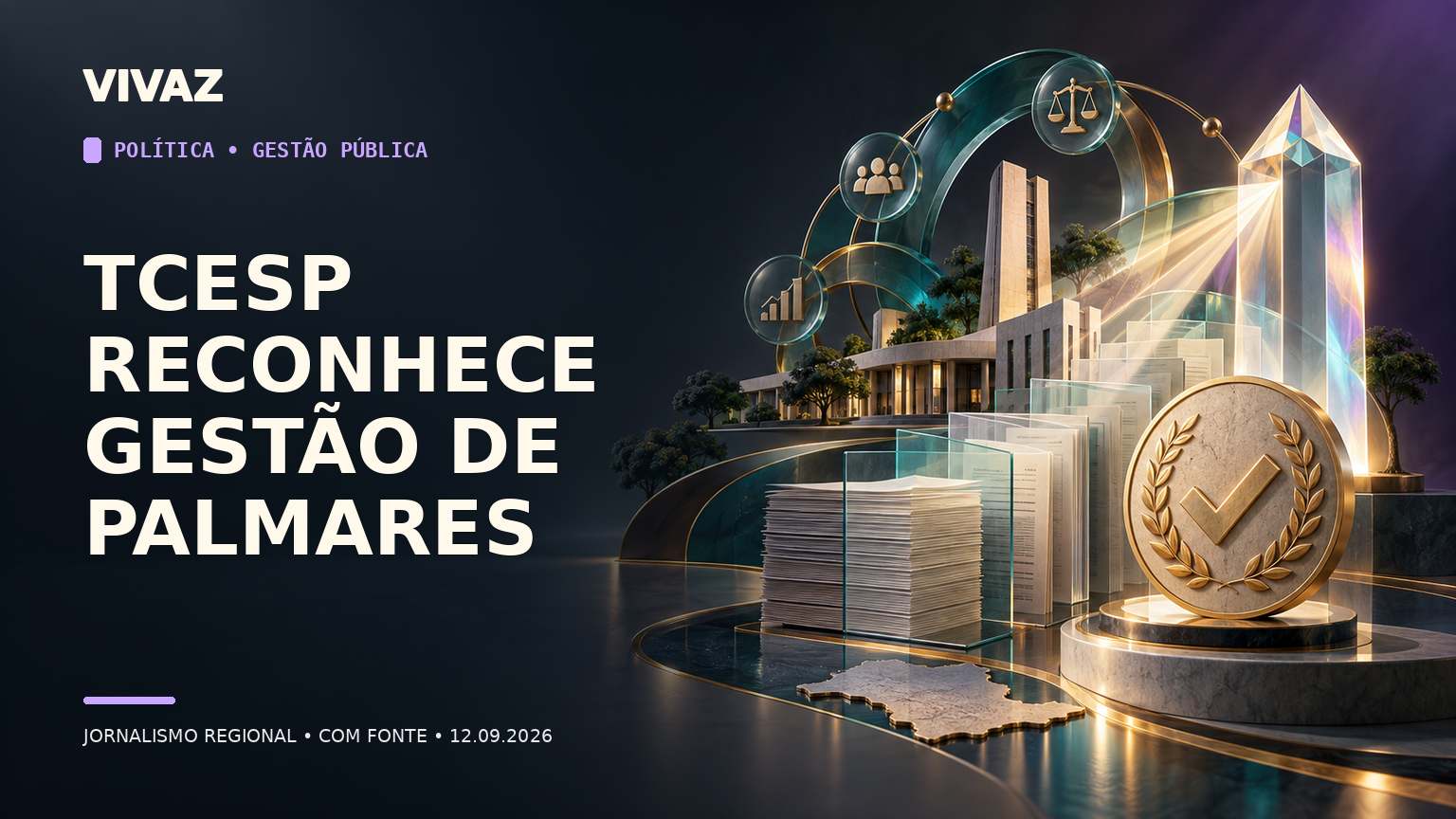 Capa editorial 3D da Vivaz sobre: Palmares Paulista conquista reconhecimento do TCESP por excelência na gestão